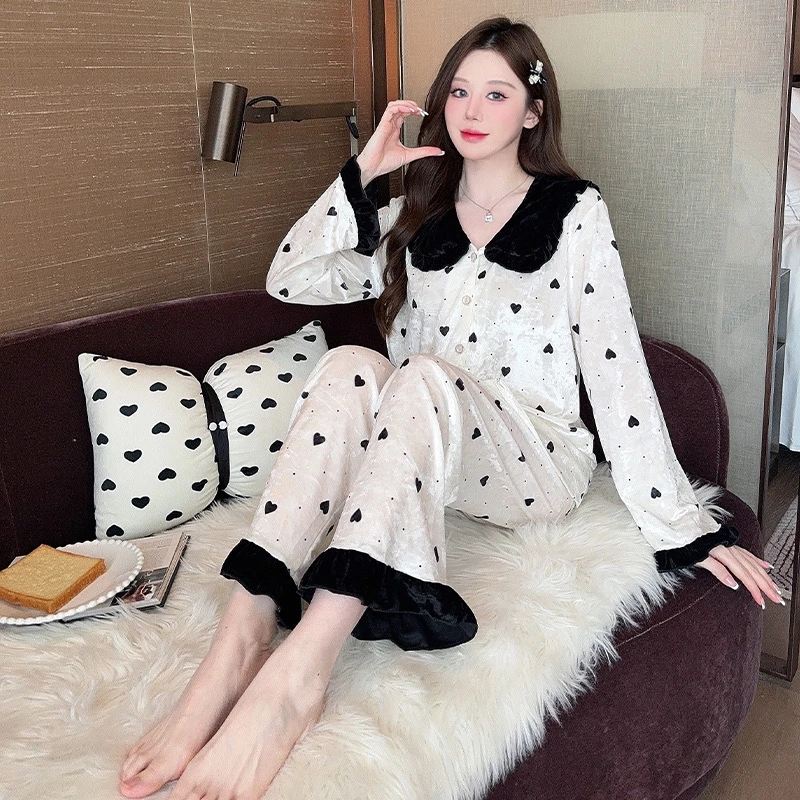 钻石丝绒睡衣女春秋冬季长袖家居服套装甜美法式新款金丝绒居家服