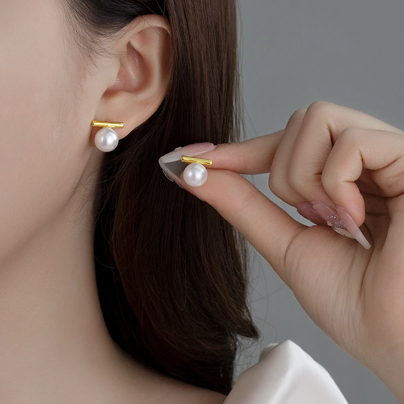 金美澳 铜合金仿珍珠耳饰 时尚个性一字耳钉女气质轻奢百搭耳饰品