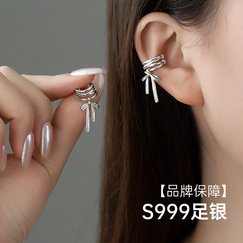 金美澳 足银耳饰 蝴蝶结飘带S999纯银耳环新款小众设计无耳洞耳夹