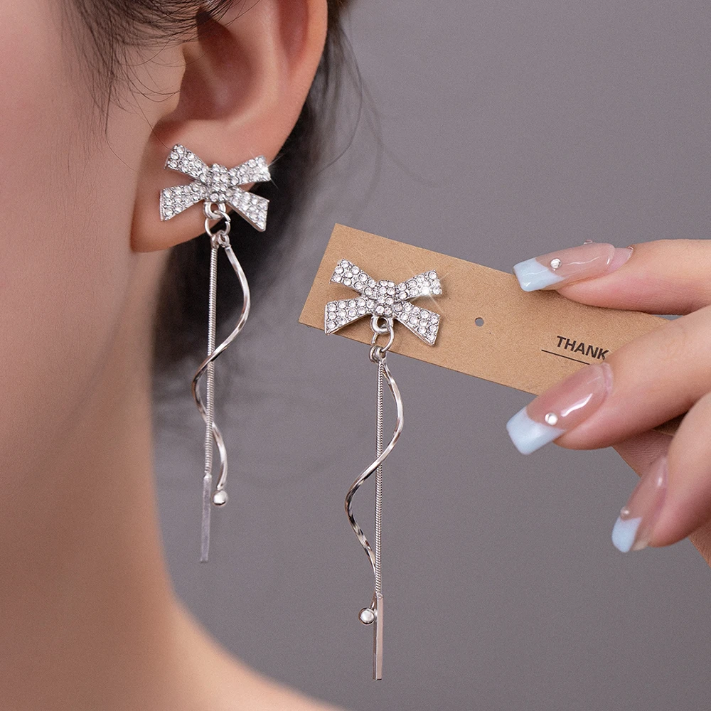 金美澳 合金合成锆石耳饰 蝴蝶结流苏耳线耳钉高级感长款耳坠耳环
