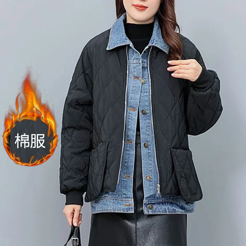 欧版新款牛仔拼接保暖棉服