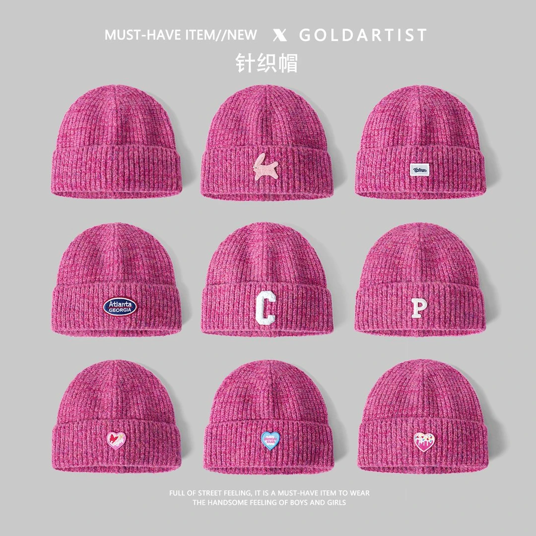 GOLDARTIST玫红色针织帽女2025新款秋冬护耳毛线帽大头围保暖帽子
