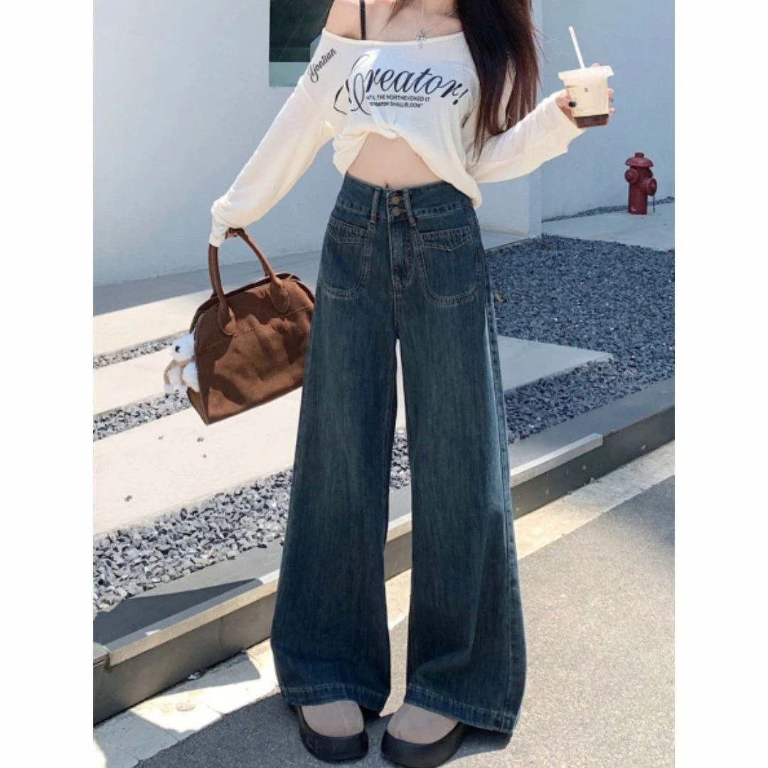 美式复古辣妹阔腿牛仔裤女春秋新款高腰显瘦百搭宽松垂感直筒裤子