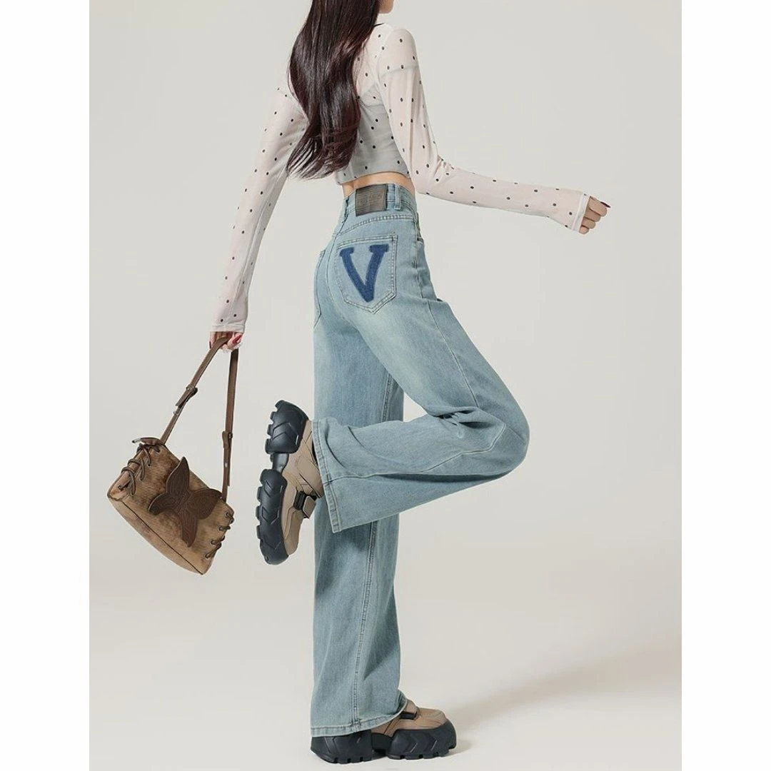 浅蓝色高腰阔腿牛仔裤女小个子显瘦直筒字母撞色设计宽松拖地裤潮