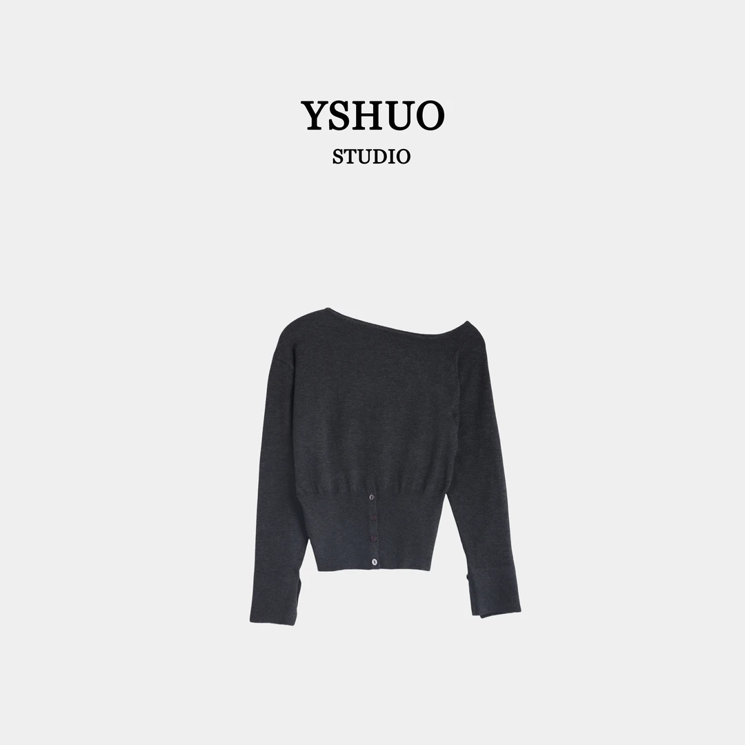YSHUO【倾城微光】设计感斜肩百搭早秋别致下摆纽扣针织上衣 24627