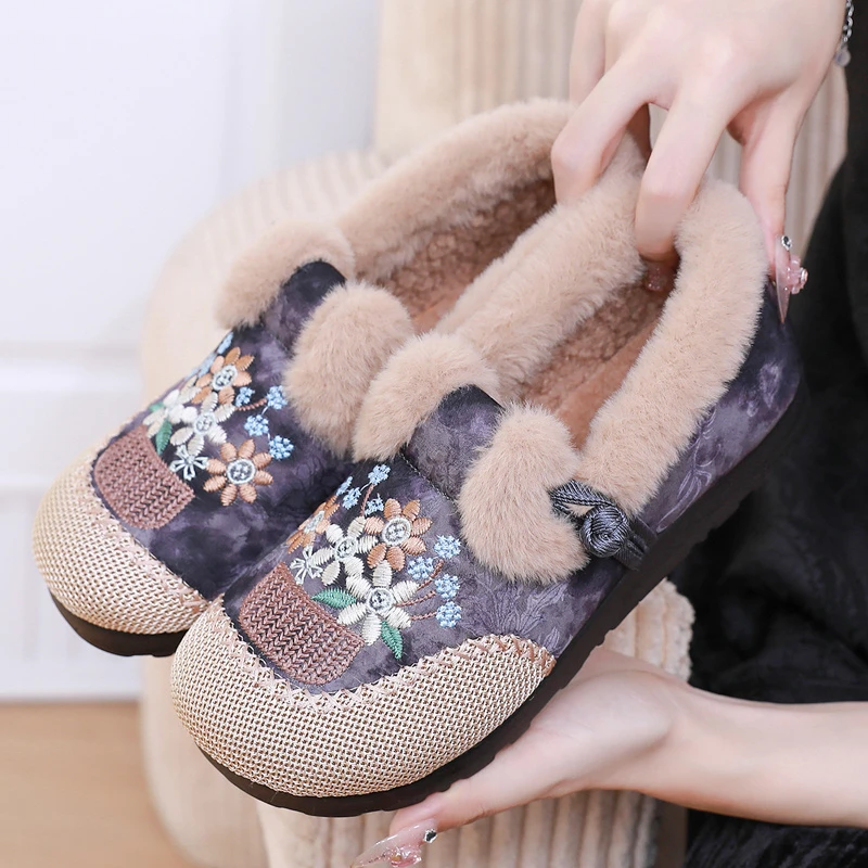 秋冬民族风绣花棉鞋平底一脚蹬软底毛毛鞋懒人鞋舒适保暖妈妈鞋