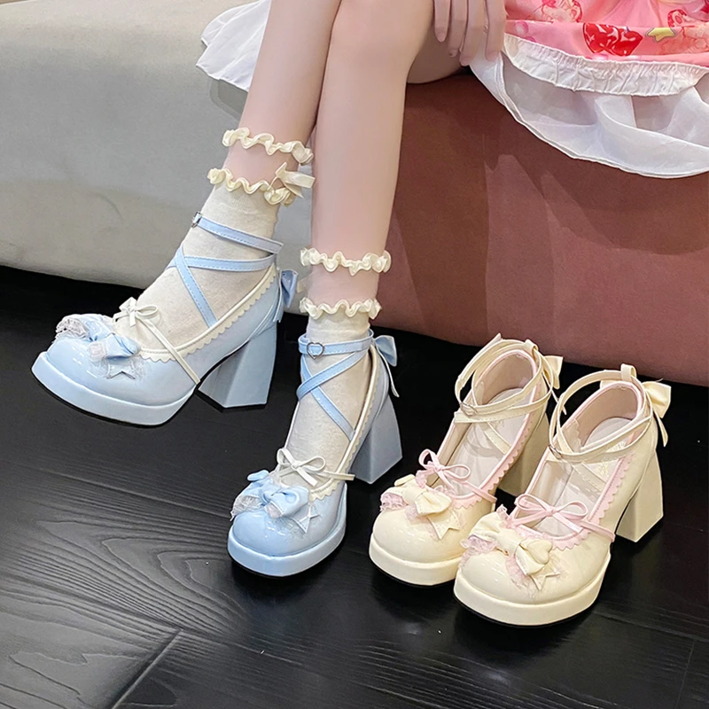 高跟鞋lolita粗跟厚底防水台2025年日系软妹甜美可爱蝴蝶结鞋子女