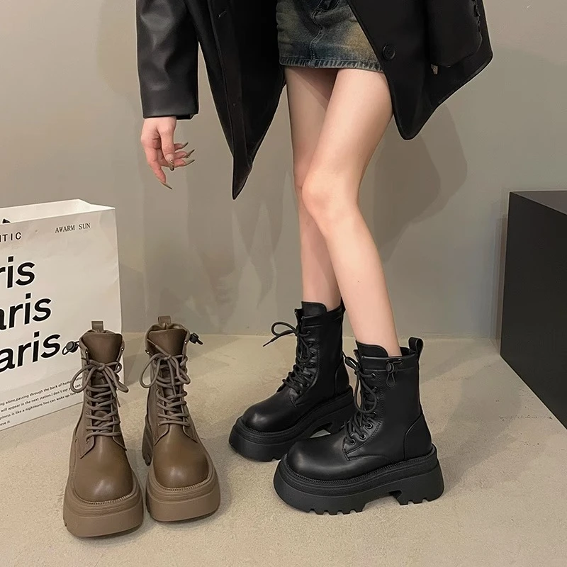 英伦风马丁靴女款2025新款冬款小个子增高厚底短靴加绒保暖机车靴