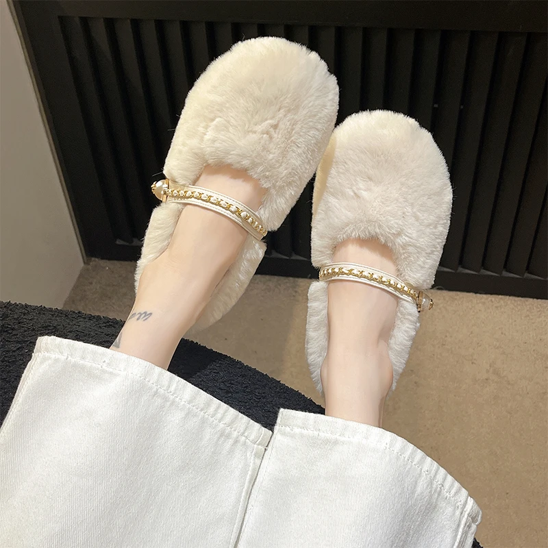 高级感毛毛鞋女秋冬外穿2023年新款网红加绒加厚棉鞋一脚蹬豆豆鞋