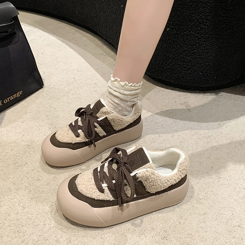 羊羔毛运动面包鞋女2023秋冬季厚底加绒保暖休闲板鞋蓬蓬鞋毛毛鞋