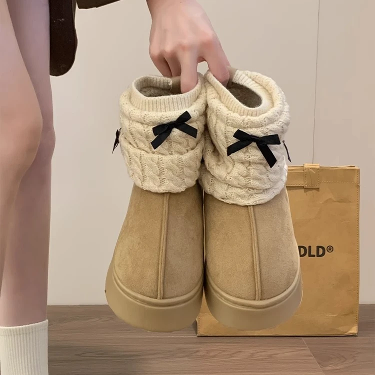 网红爆款厚底甜美蝴蝶结雪地靴女款2025新款冬季加绒加厚保暖棉鞋