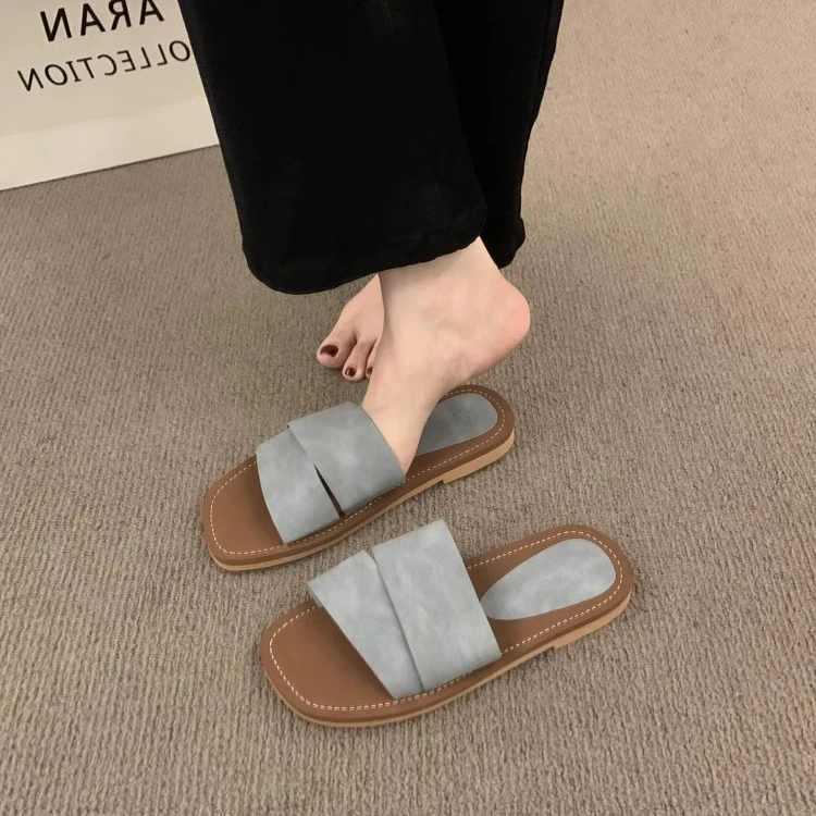 小众设计感复古方头露趾平底拖鞋女夏外穿仙女风海边度假沙滩凉拖