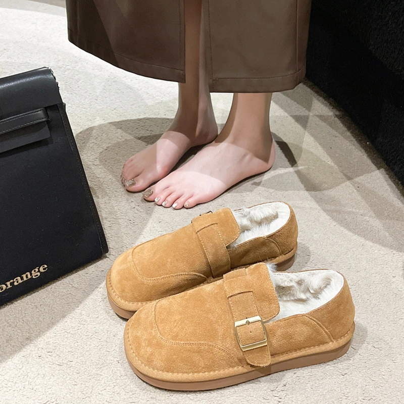 勃肯鞋女加绒保暖棉鞋2023新款冬季毛毛鞋一脚蹬豆豆鞋复古博肯鞋
