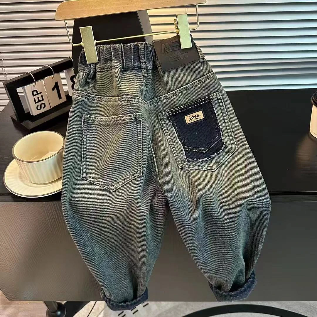 【加绒】~秋冬款男童休闲裤中大童加绒牛仔老爹裤S3938