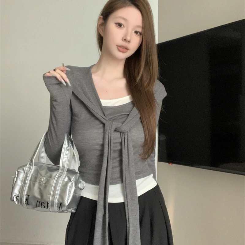 秋慵懒松弛感长袖披肩+休闲假两件撞色T恤叠穿两件套上衣休闲百搭