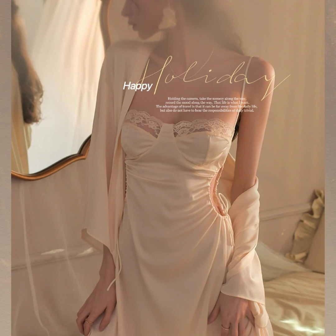 法式气质睡裙修身镂空显瘦纯欲睡衣冰丝绸缎吊带裙蕾丝露背家居服