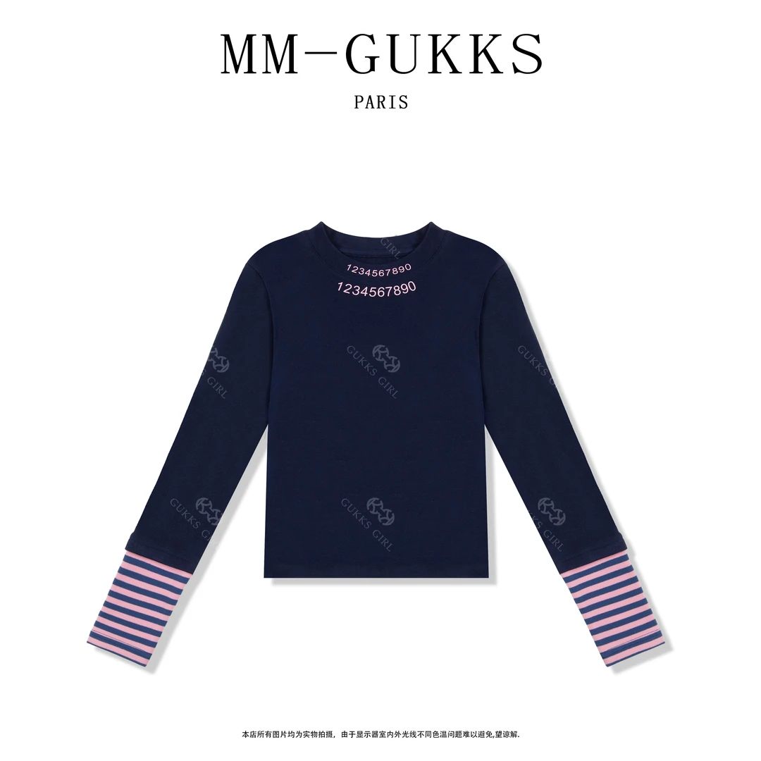 明明GUKKS『数字风尚』2025秋冬简约品质条纹气质长袖打底衫T1429