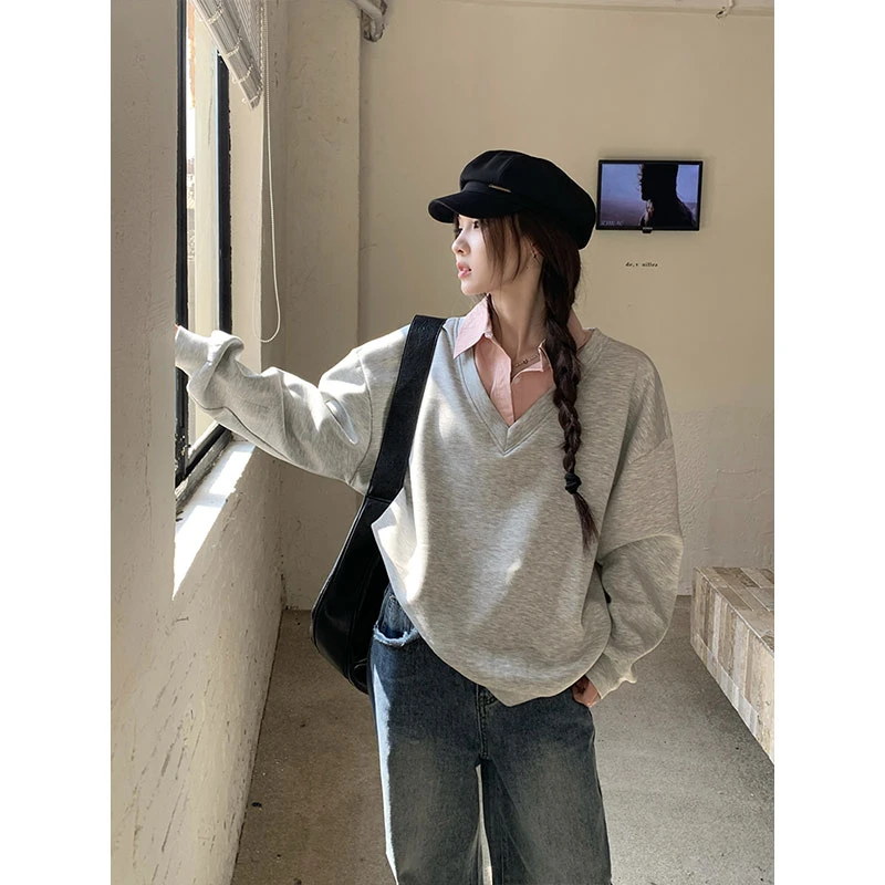 早秋学院慵懒风假两件卫衣女2024秋冬爆款减龄洋气设计感翻领外套