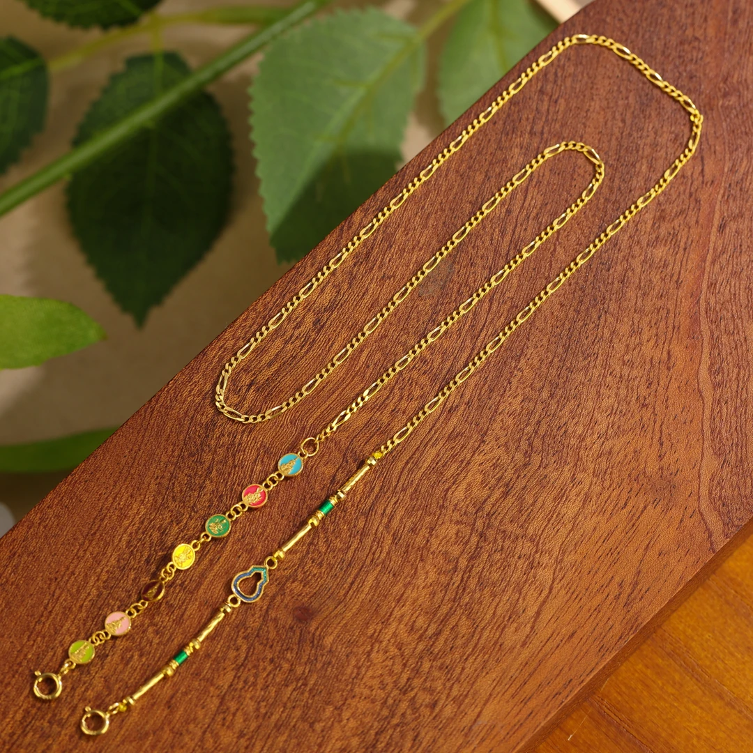 纯18k金高温烧蓝八大守护项链万能百搭双扣链