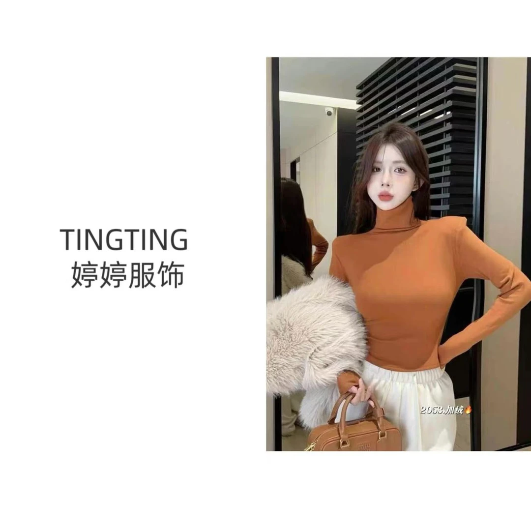 【TINGTING】冬季新气质百搭小中领加绒修身显瘦长袖T恤打底衫