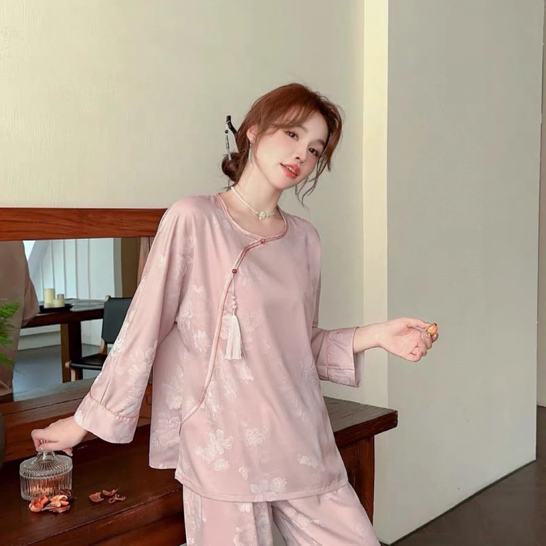 夏季新款意晚烛新中式复古国风斜襟提花流苏家居服冰雪丝睡衣套装