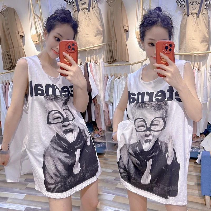 纯棉夏季新款时尚印花背心女欧货宽松洋气开叉圆领薄款T恤上衣ins
