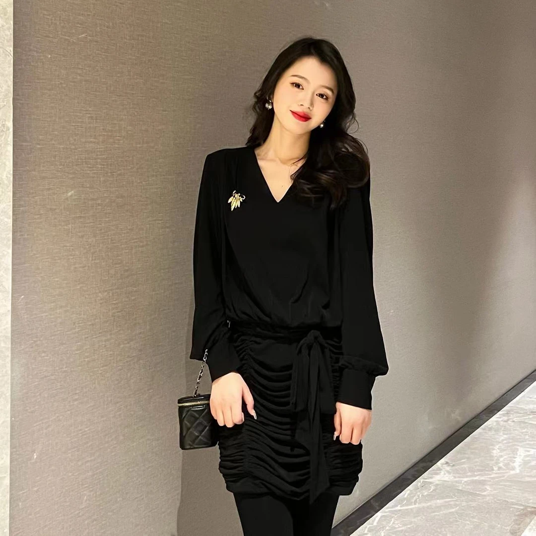 【芭蕾舞曲】秋冬哥弟优雅风显瘦百褶时尚收腰连衣裙1500279