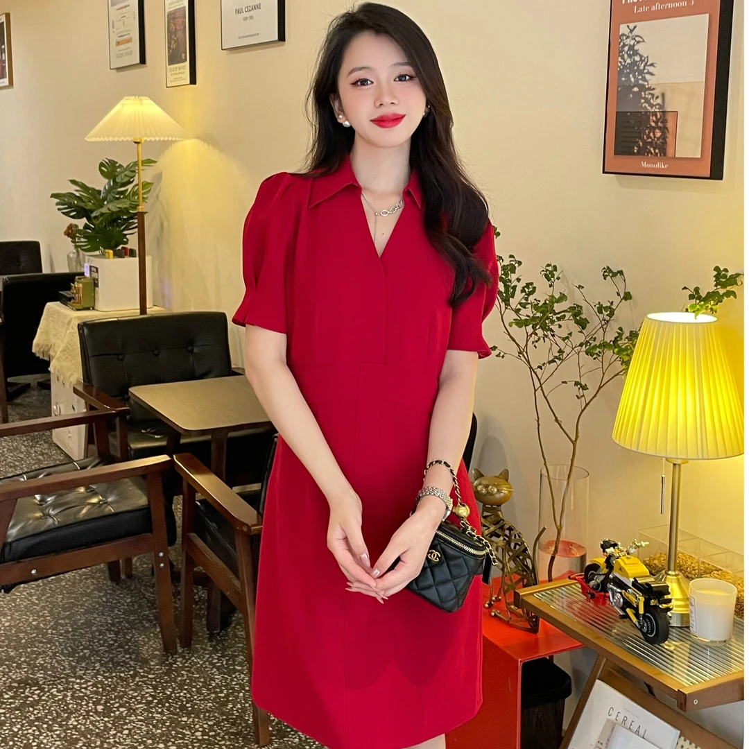 GIRDEAR/哥弟【红色唱片】修身显瘦气质连衣裙v领时尚通勤1500460