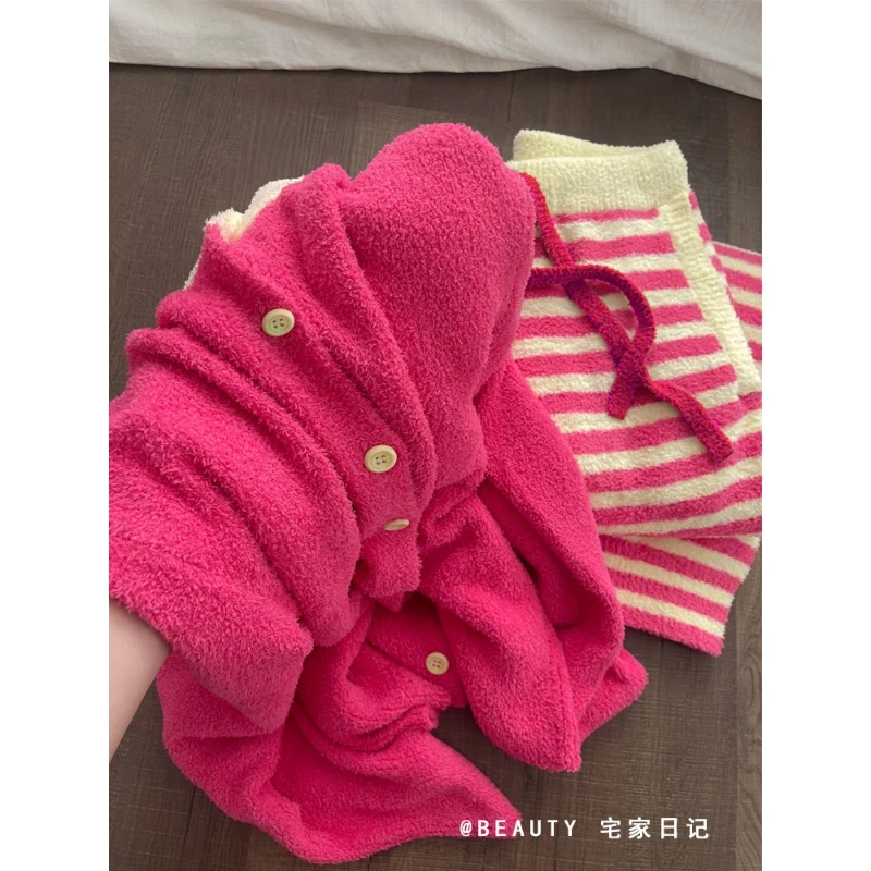 加厚针织衫长裤家居服套装秋冬季2024年ins风条纹半边绒睡衣女款