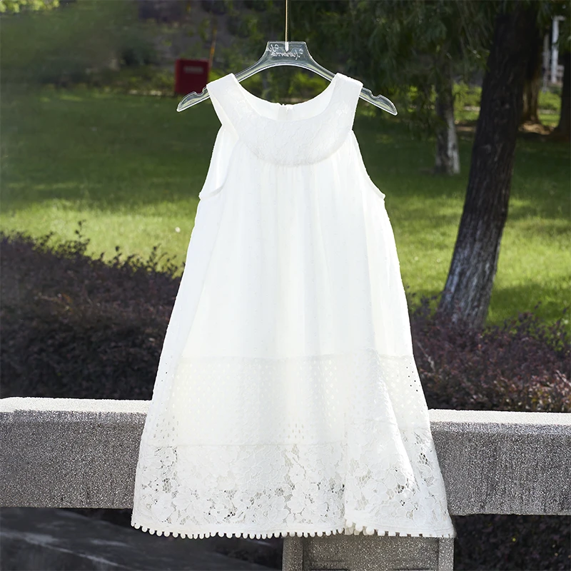 Myfeel新款女童中大童夏季时尚纯色镂空蕾丝连衣裙YC24182Q