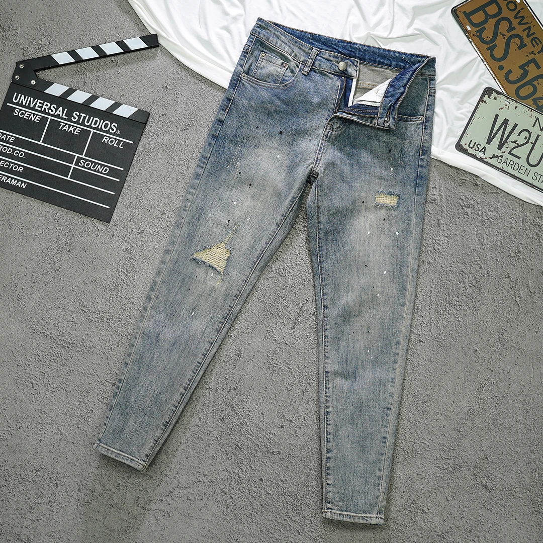 破洞补丁牛仔裤男款秋冬新款九分修身小直筒休闲复古泼墨百搭长裤