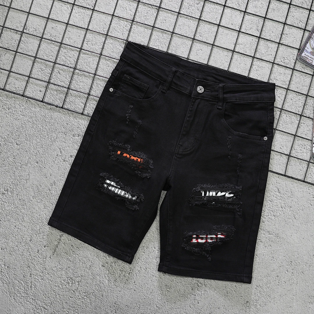 短裤男款破洞贴布修身小脚牛仔裤2025夏季新款痞帅百搭休闲五分裤