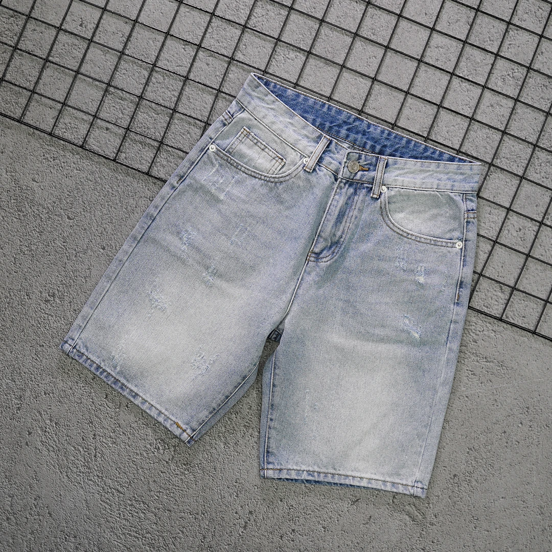 夏季新款浅蓝色牛仔短裤男士修身小直筒个性刮烂破洞无弹五分裤潮