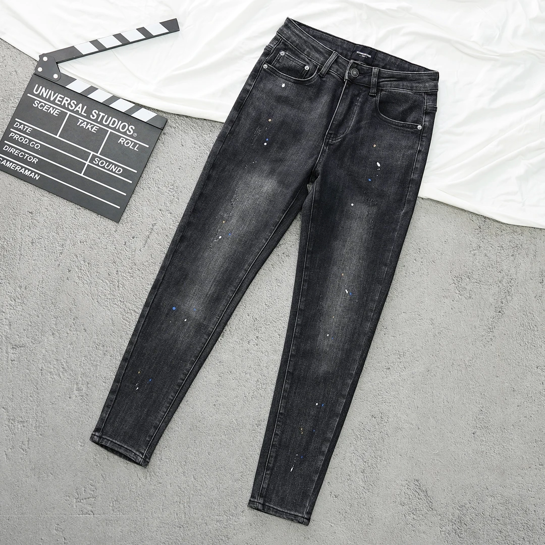 潮牌牛仔裤男款2025秋冬季新款修身小脚泼墨痞帅潮流百搭弹力长裤