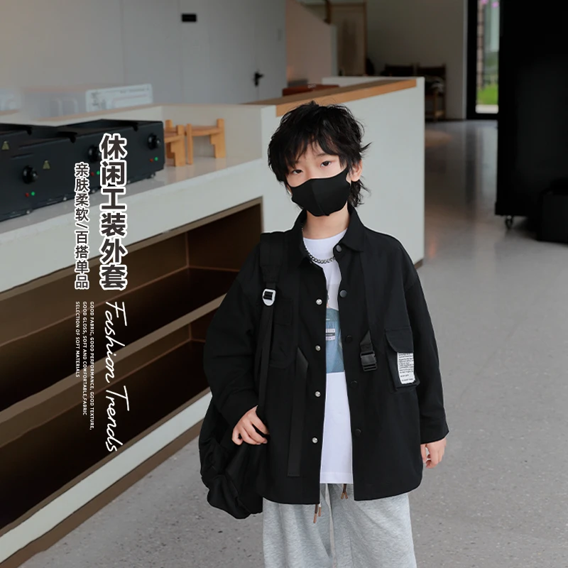 男童长袖衬衫新款儿童春秋痞帅上衣中大童潮酷秋装韩版外套2024