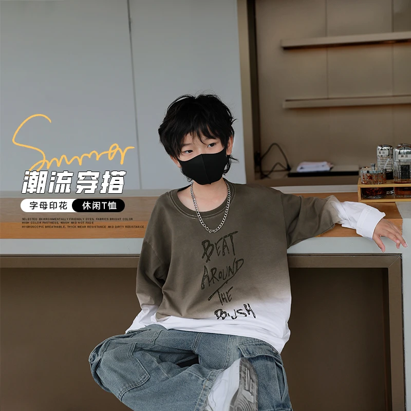 范米粒童装男童长袖T恤圆领上衣儿童渐变棉中大童春秋宽松潮牌