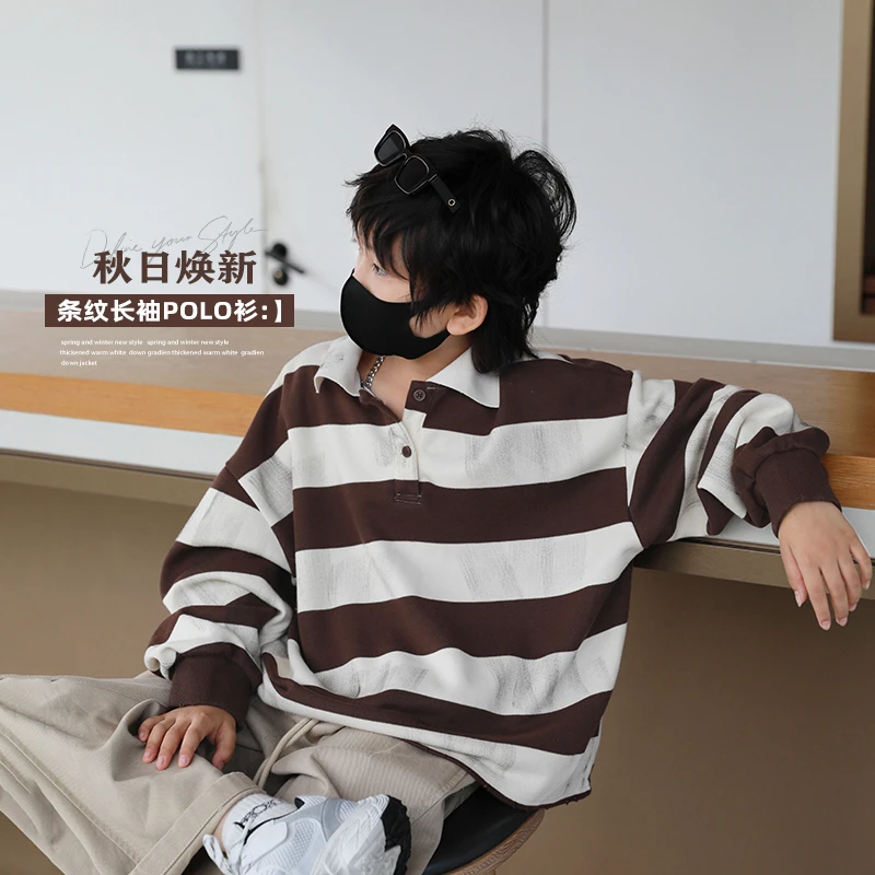 男童翻领卫衣儿童POLO衫条纹2024新款中大童春秋薄款洋气上衣