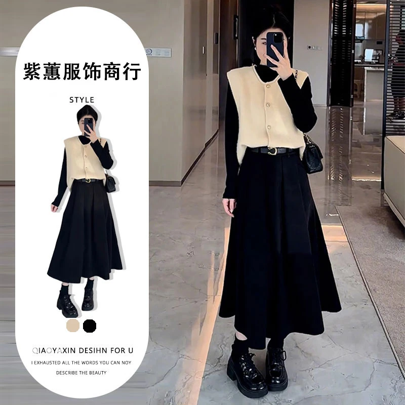 深秋初冬高级感穿搭一整套针织马甲连衣裙子女秋冬季2024新款长裙