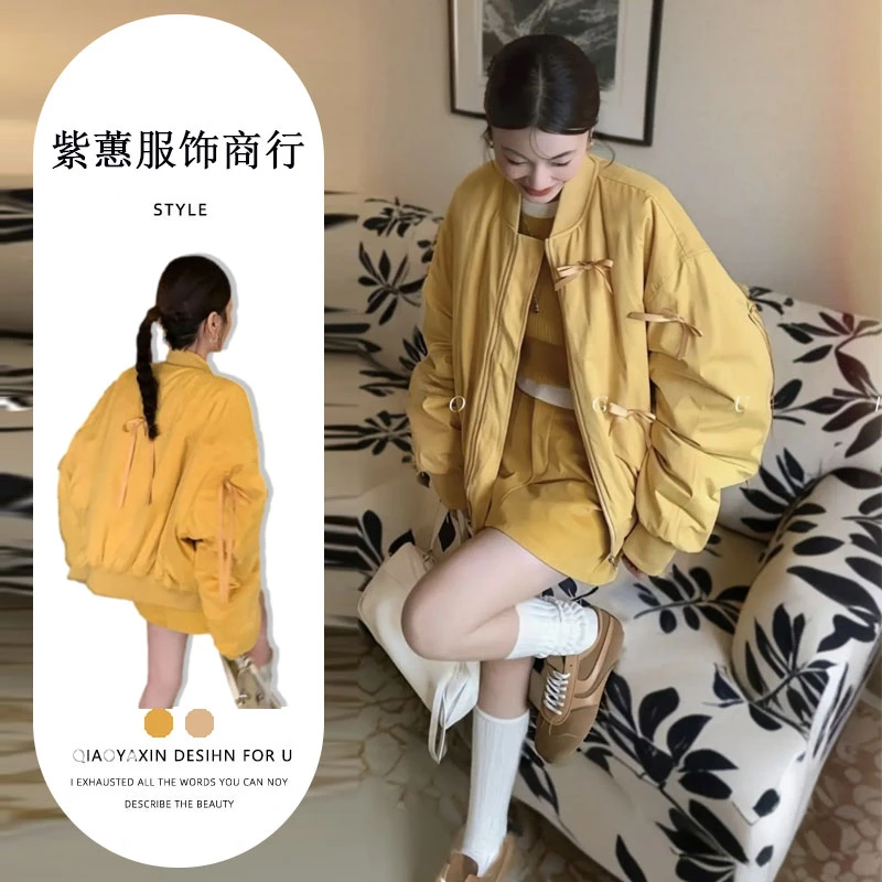 复古时尚美式黄色棒球服棉衣外套女夹克棉服设计感上衣秋冬季新款