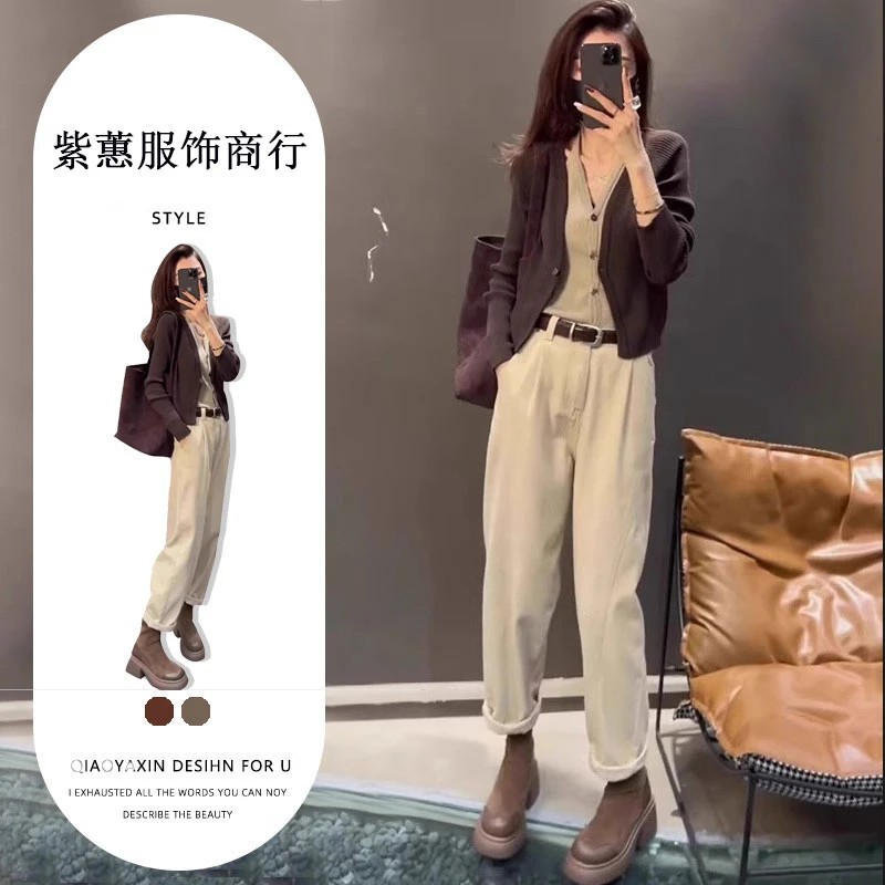 早春穿搭套装2025小个子显高减龄洋气时尚休闲针织衫两件套装裤女