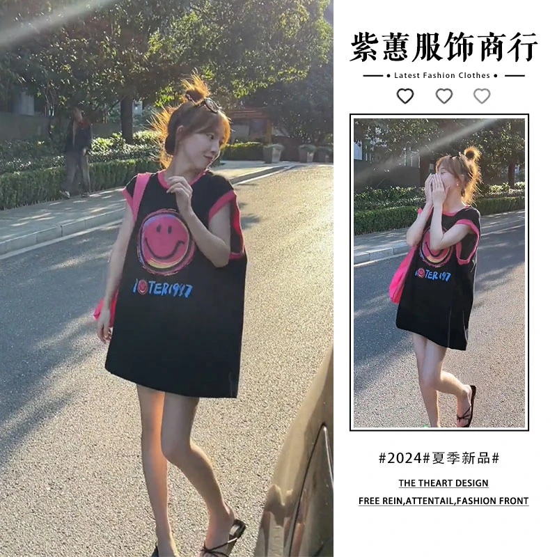 休闲宽松懒人无袖t恤裙女夏季撞色中长款遮屁股字母印花显瘦上衣