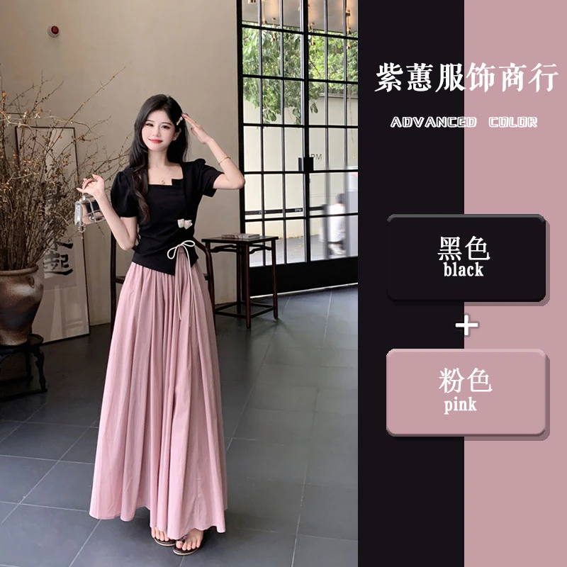 大码时尚套装女夏季法式短袖抽褶衬衣微胖MM高腰百褶半身裙两件套