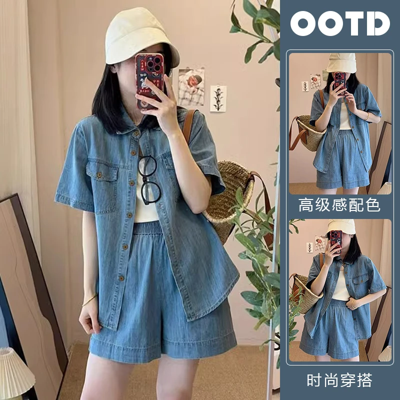 今年流行爆款牛仔套装女士夏季POLO领衬衫外套搭阔腿短裤子两件套