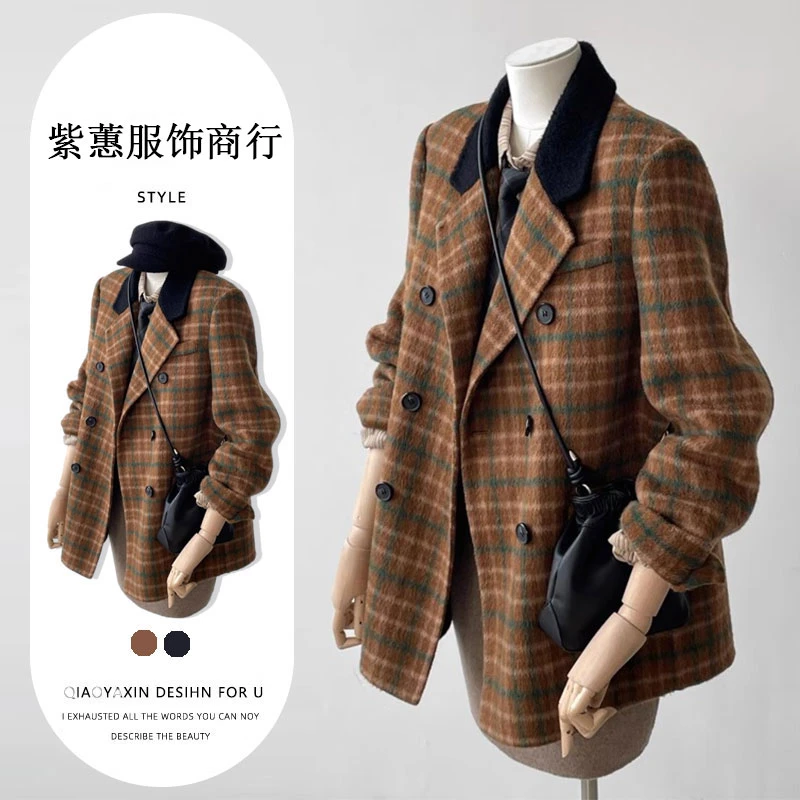 格子呢子大衣女2024新款秋冬季高级感毛呢外套韩系小个子冬天短款