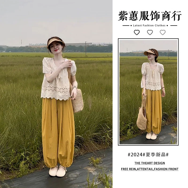 2025年夏装搭配一整套微胖显瘦小香风上衣灯笼裤今年流行漂亮套装