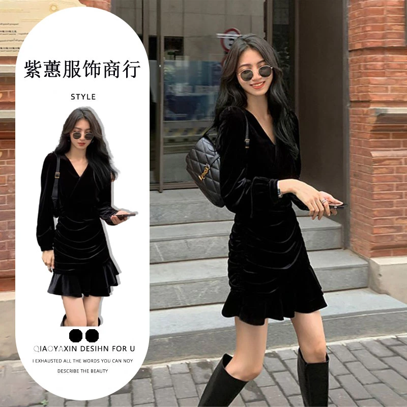 秋冬季新款黑色V领礼服赫本风修身显瘦收腰裙子鱼尾金丝绒连衣裙