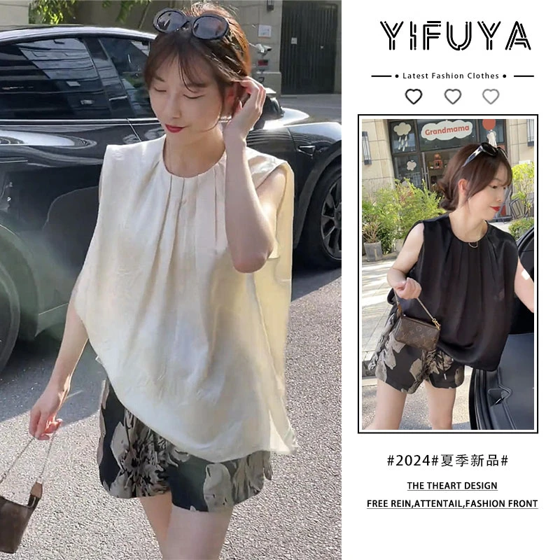 法式百搭纯色无袖气质褶皱小衬衫女透气印花热裤休闲直筒裤两件套