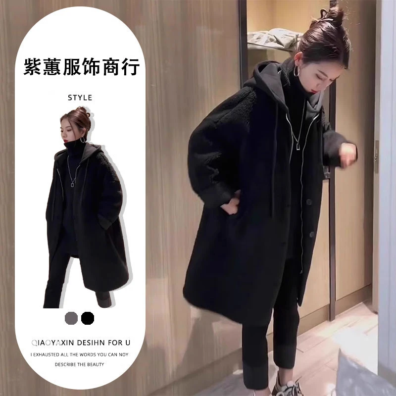 2025年春季新款高级感森系小个子中长款呢子连帽黑色大衣外套女