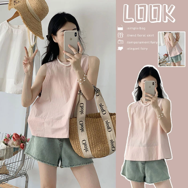 夏季新款韩系简约圆领无袖衬衫背心女港味复古牛仔短裤两件套装