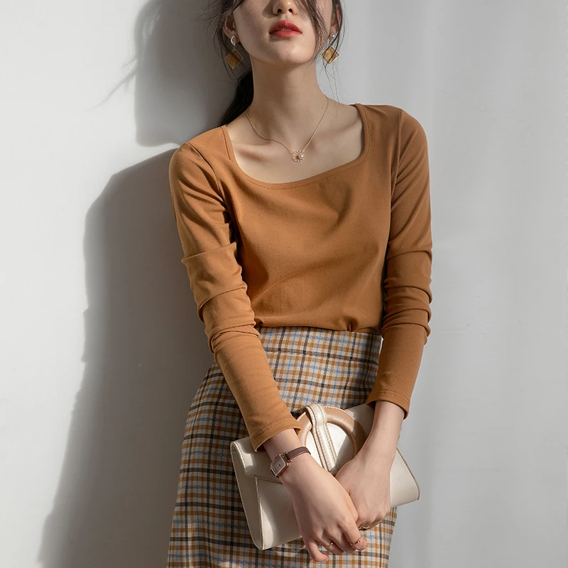 原水秋款法式方领白色长袖t恤女秋季设计感打底衫内搭-T0166